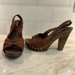 Miu Miu Leather Sling Back Wooden Heel Sandals - size 9